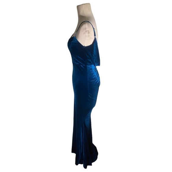 Navy Blue Stretch Velvet Floor Length Dress | Rhinestone Straps & Lace Back - Picture 5 of 5